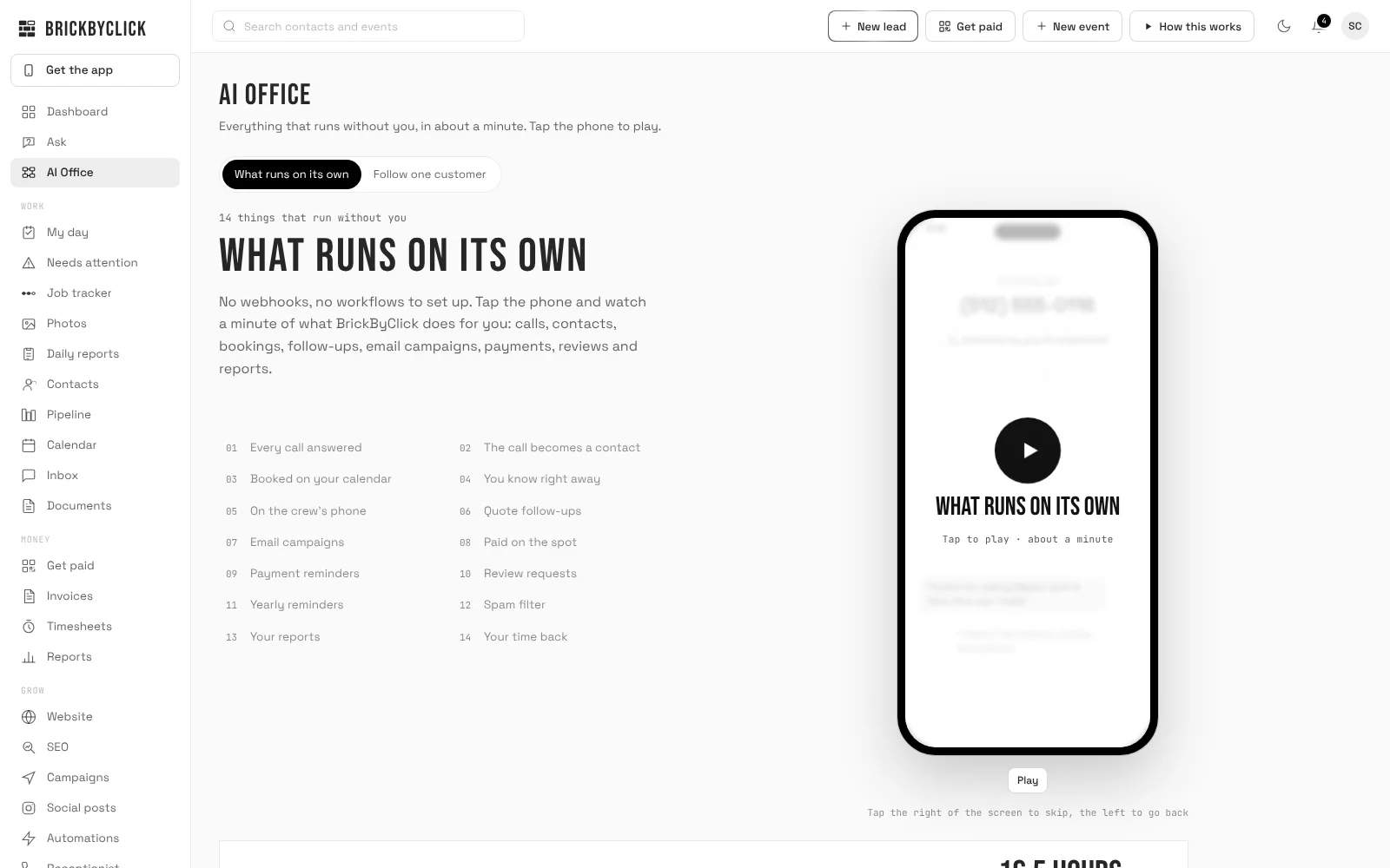 The AI Office page with a switch between What runs on its own and Follow one customer, a list of things that run without you, and a phone-shaped player