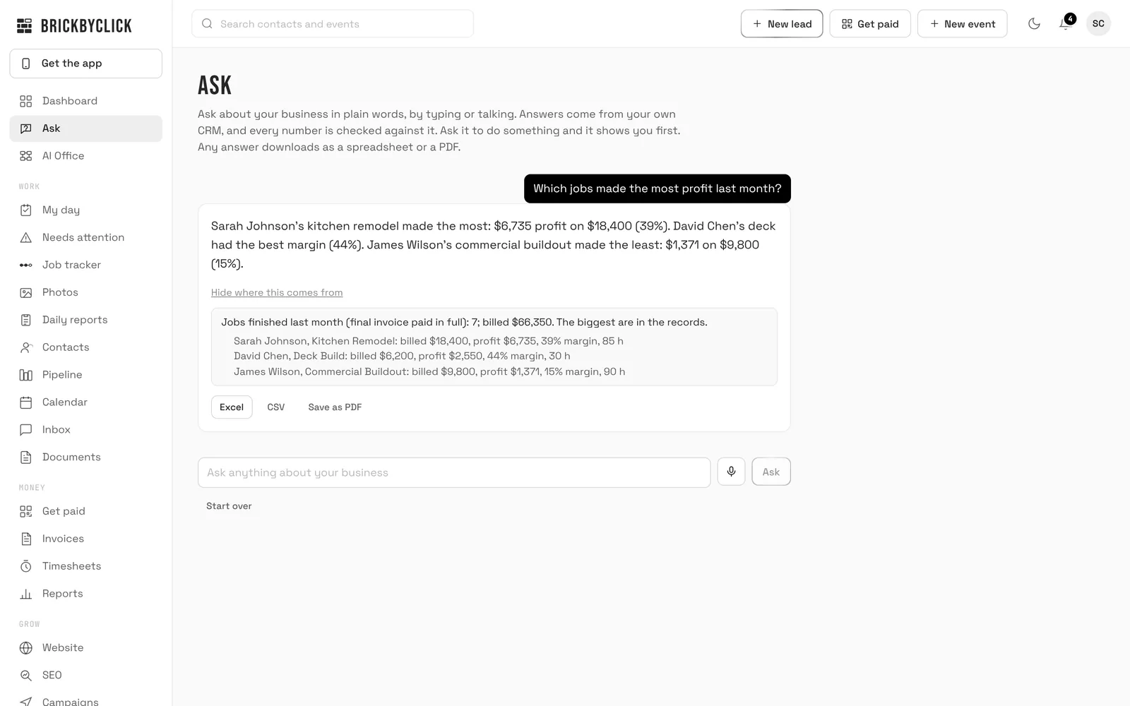 Ask, answering which jobs made the most profit last month: a kitchen remodel made $6,735 on $18,400, a deck had the best margin at 44%, with the jobs it used and buttons to download as Excel, CSV or PDF