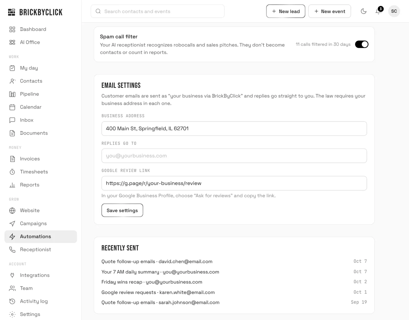 Email settings on the Automations page: business address, where replies go and the Google review link, above a Recently sent list that includes a Google review request