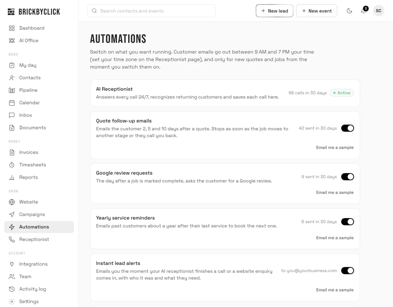 The Automations page in the CRM: switches for quote follow-up emails, Google review requests, yearly service reminders and lead alerts, each showing how many were sent in the last 30 days