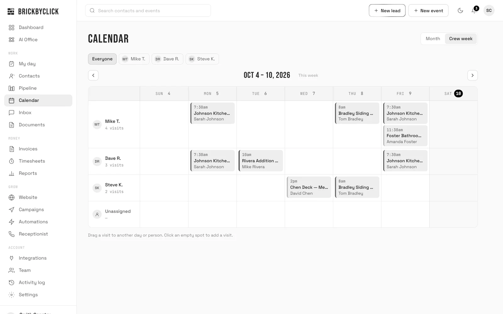 The calendar's crew week: each tech's visits for the week in their own row, plus a row for unassigned visits
