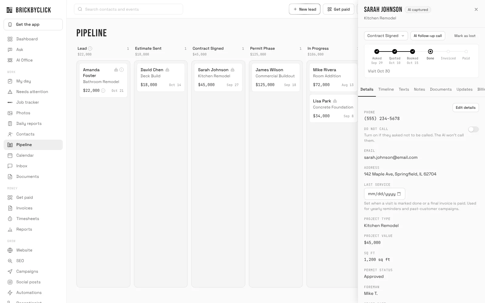 A customer file open beside the pipeline, showing the stage menu, an AI follow-up call button, a Do not call switch, the job timeline and the customer details