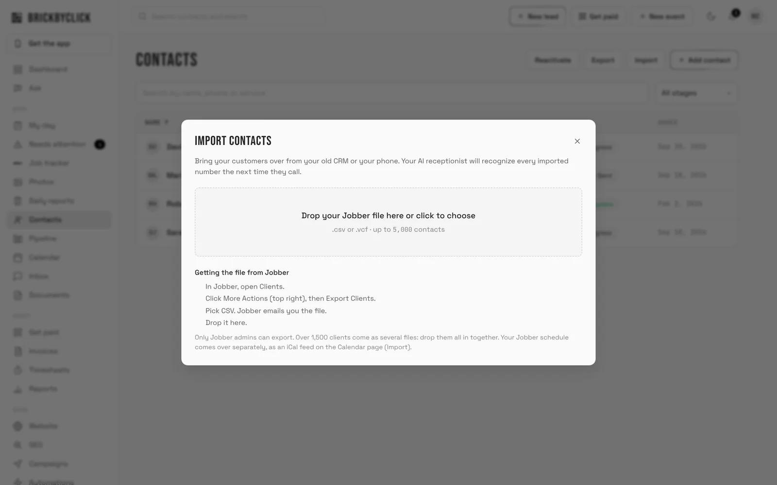 Import contacts in the CRM, opened for Jobber: a drop area for the file, and the four steps to export clients from Jobber
