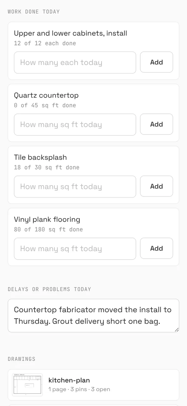 The crew's job link on a phone: work done today for each estimate line, like 18 of 30 sq ft of tile backsplash, with a box to add today's amount, and the delays field