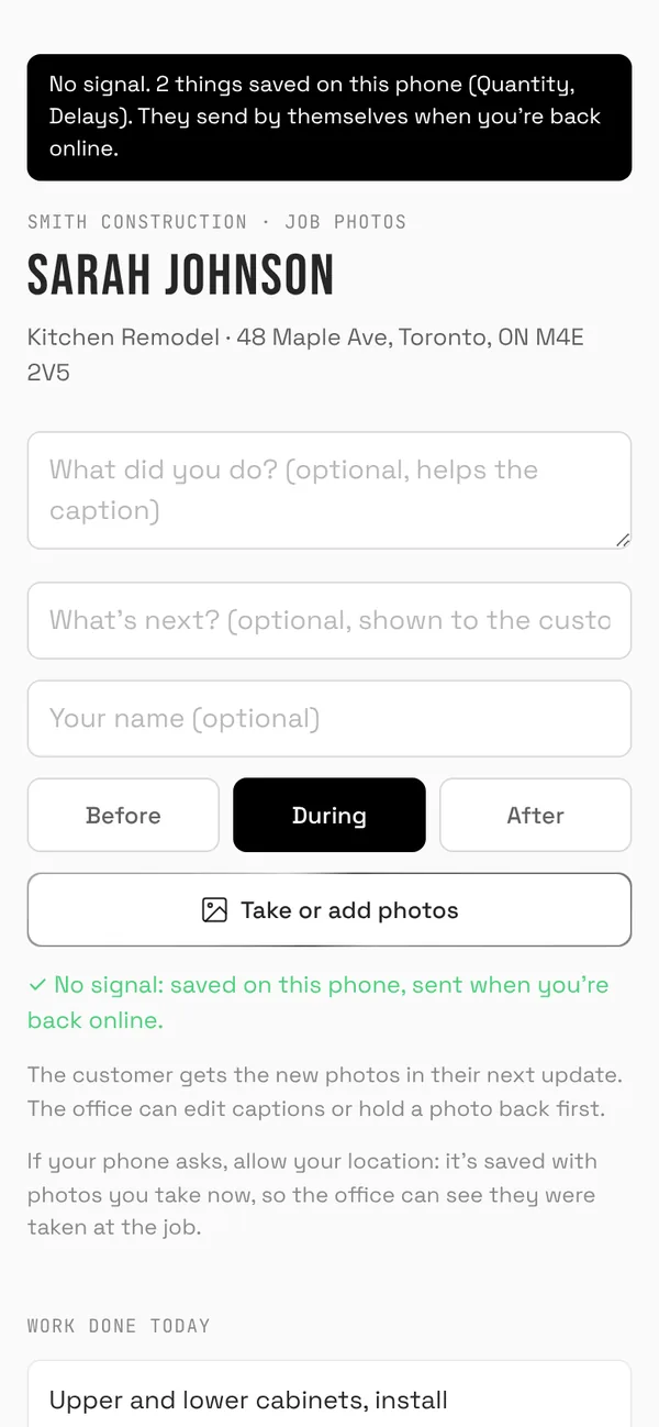 The job's link on a phone with no signal: a bar saying 2 things are saved on the phone and will send when it's back online