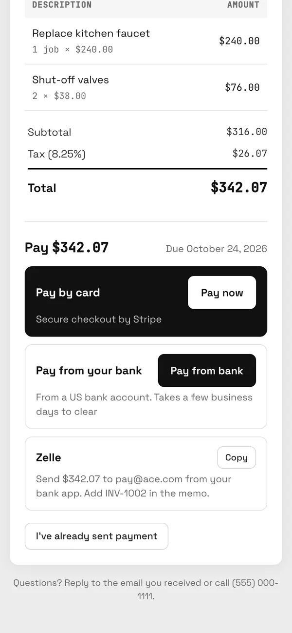 A customer's invoice page on a phone: the total of $342.07 with buttons to pay by card or pay from a bank account, and Zelle details