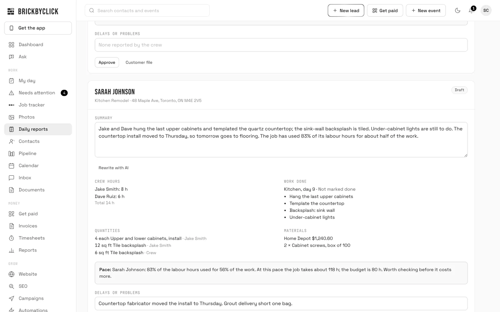 A daily report for a sample kitchen remodel: the summary, crew hours, work done, quantities, materials, the pace and delays