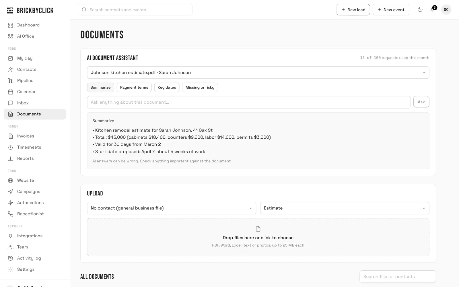 The Documents page with an AI Document Assistant card, a kitchen estimate selected, buttons for Summarize, Payment terms, Key dates and Missing or risky, and a bulleted summary