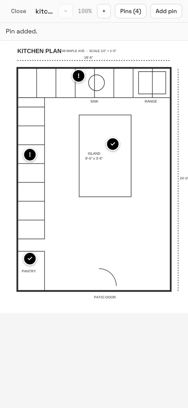 A kitchen plan on a phone with pins for an issue, a task and a photo