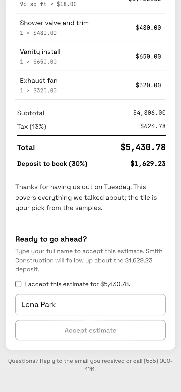 The end of the estimate on a phone: the total, the 30% deposit to book, the business's note and the Accept estimate box with the customer's name