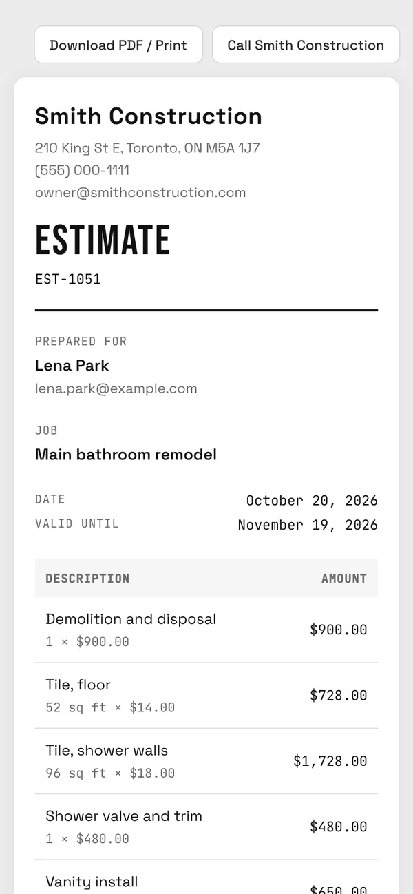 A sample estimate on the customer's phone: Smith Construction's bathroom remodel estimate for Lena Park with each line and its price