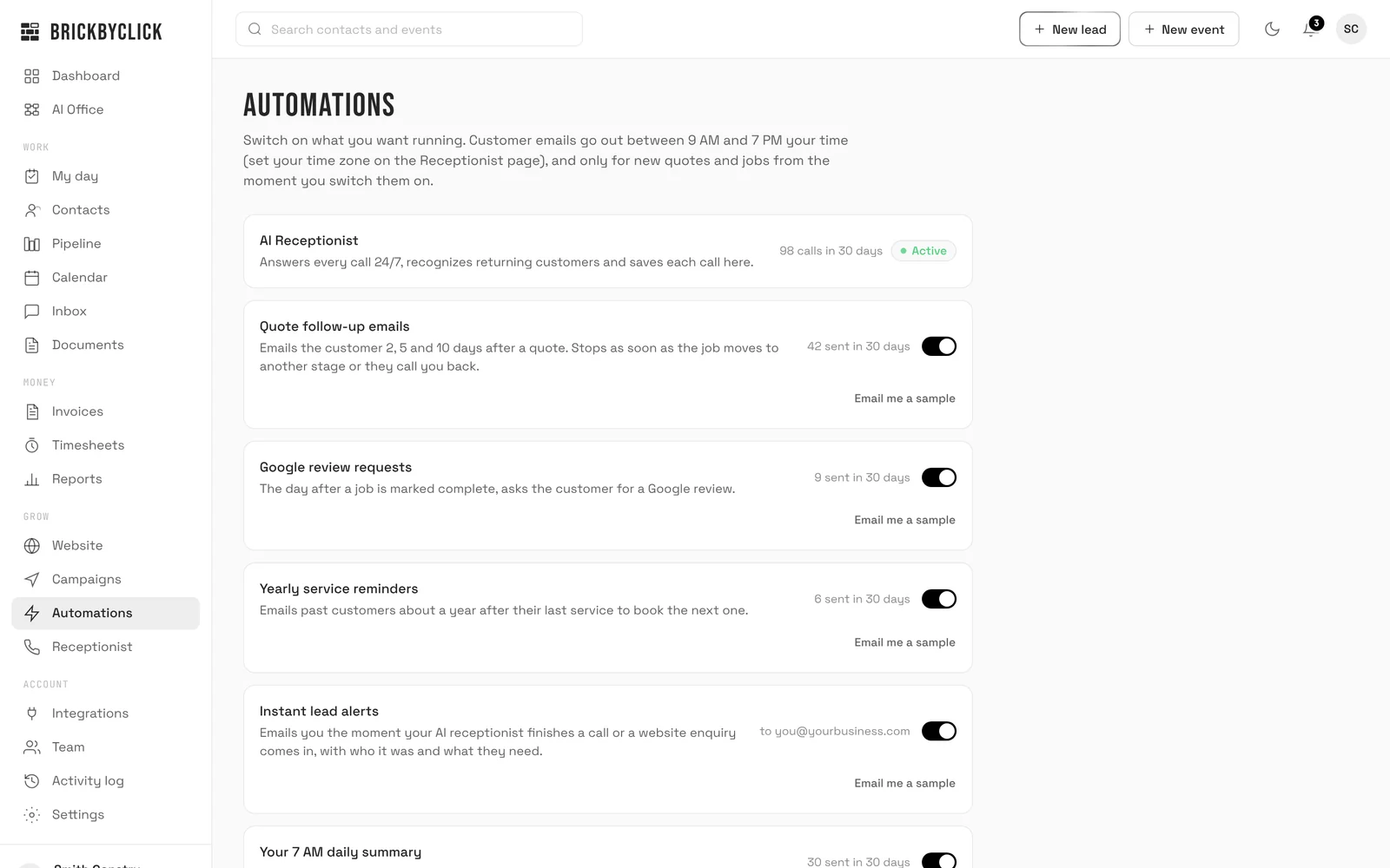 The Automations page in the CRM: switches for quote follow-up emails, Google review requests, yearly service reminders and instant lead alerts, each with how many were sent in the last 30 days