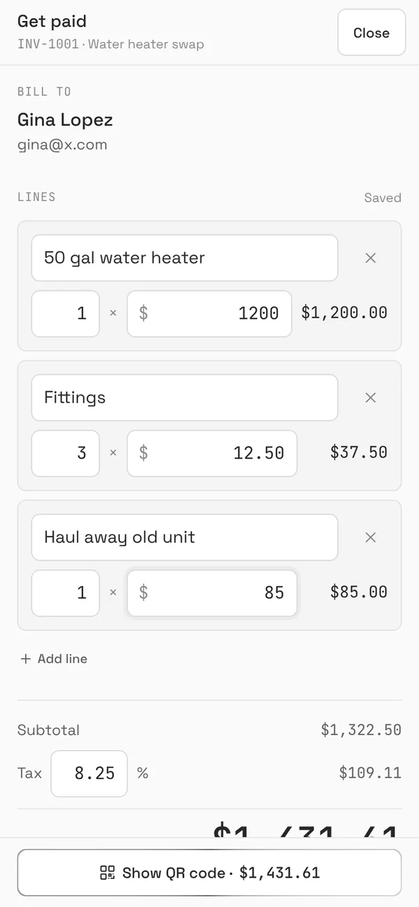 Get paid on the crew's phone: the invoice for Gina Lopez filled in from the parts used, with the prices ready to adjust