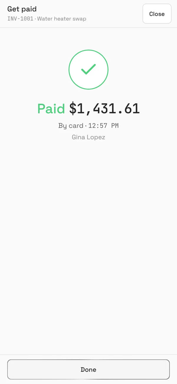Get paid on Jake's phone after Gina paid: Paid $1,431.61 by card at 12:57 PM
