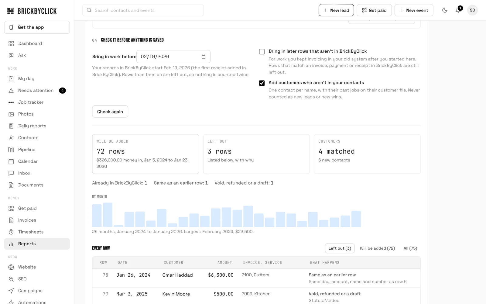Checking a sample file of past payments: 72 rows will be added, 3 left out, 4 customers matched and 6 new, with money in month by month from January 2024 to January 2026