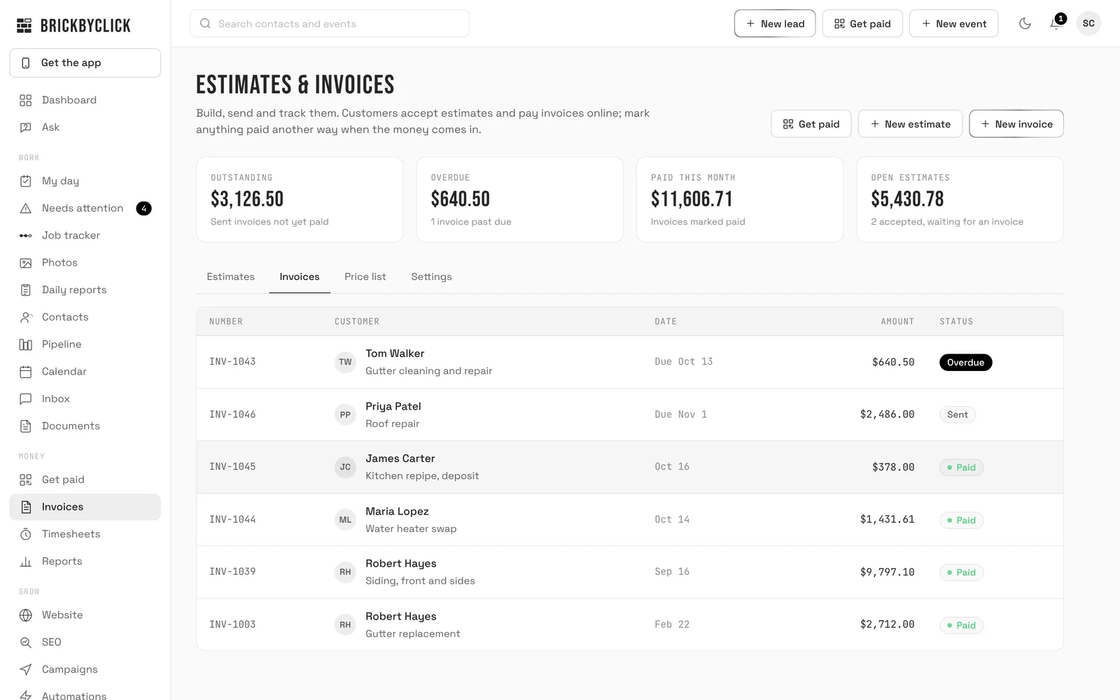 The invoices list with sample data: $3,126.50 outstanding, $640.50 overdue and $11,606.71 paid this month, with each invoice marked overdue, sent or paid