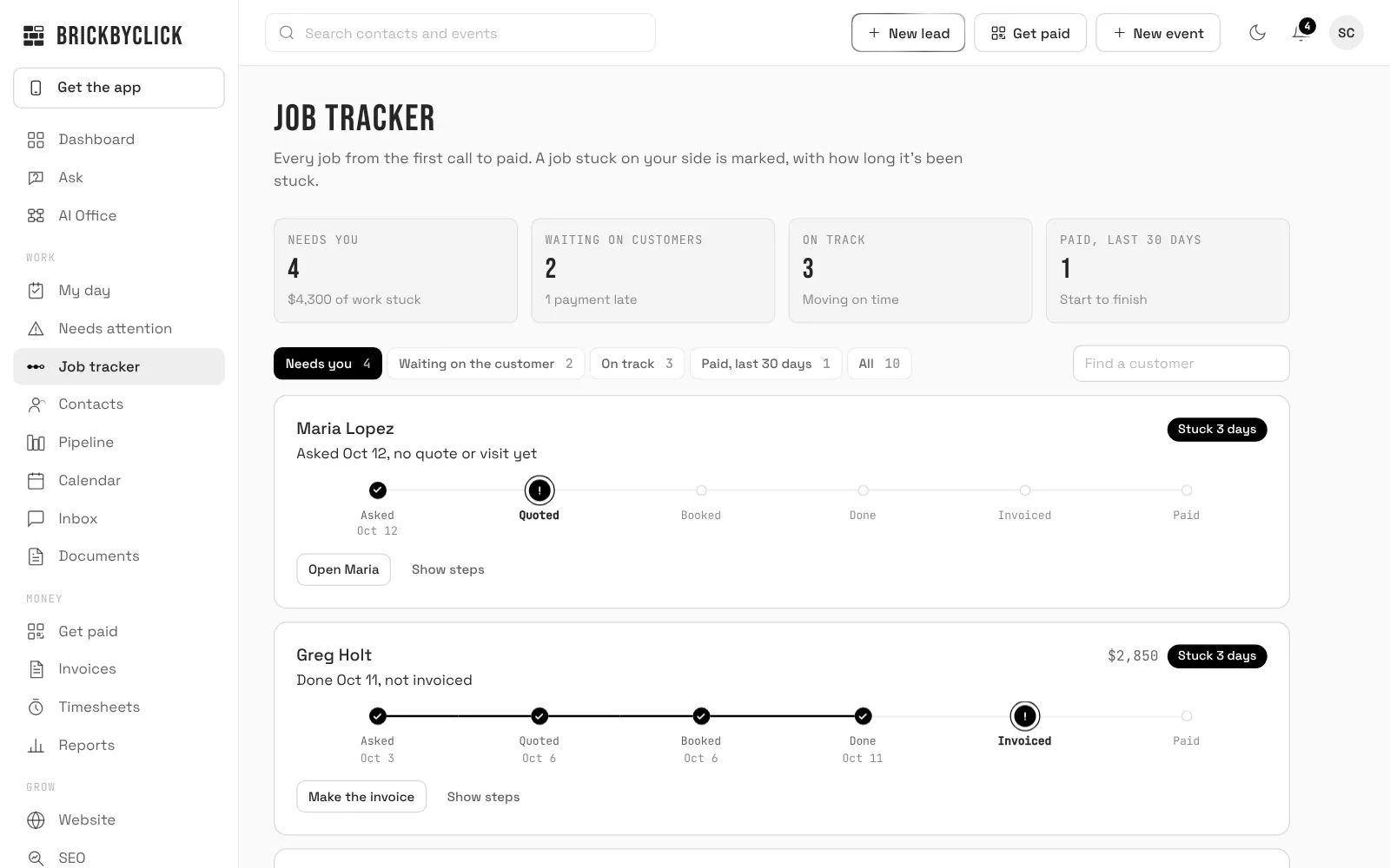 The Job tracker in the CRM with sample jobs, each showing its stage and the next thing it needs