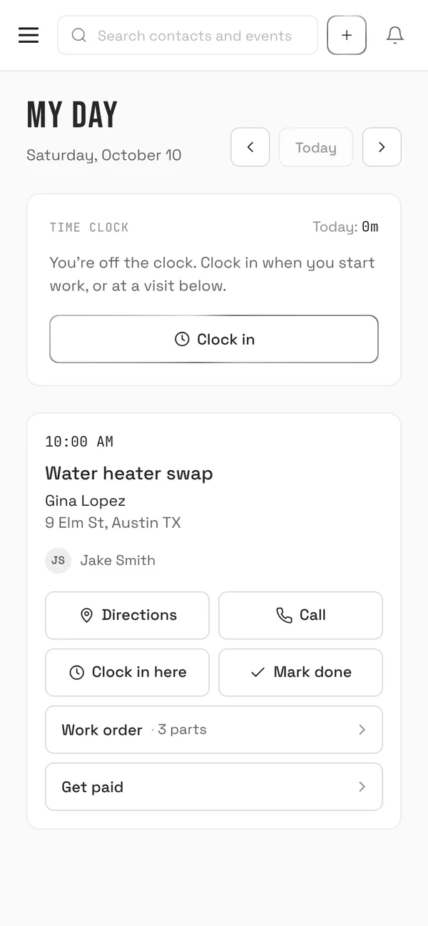 My day on a phone: a 10 AM water heater swap for Gina Lopez with directions, call, clock in and Get paid