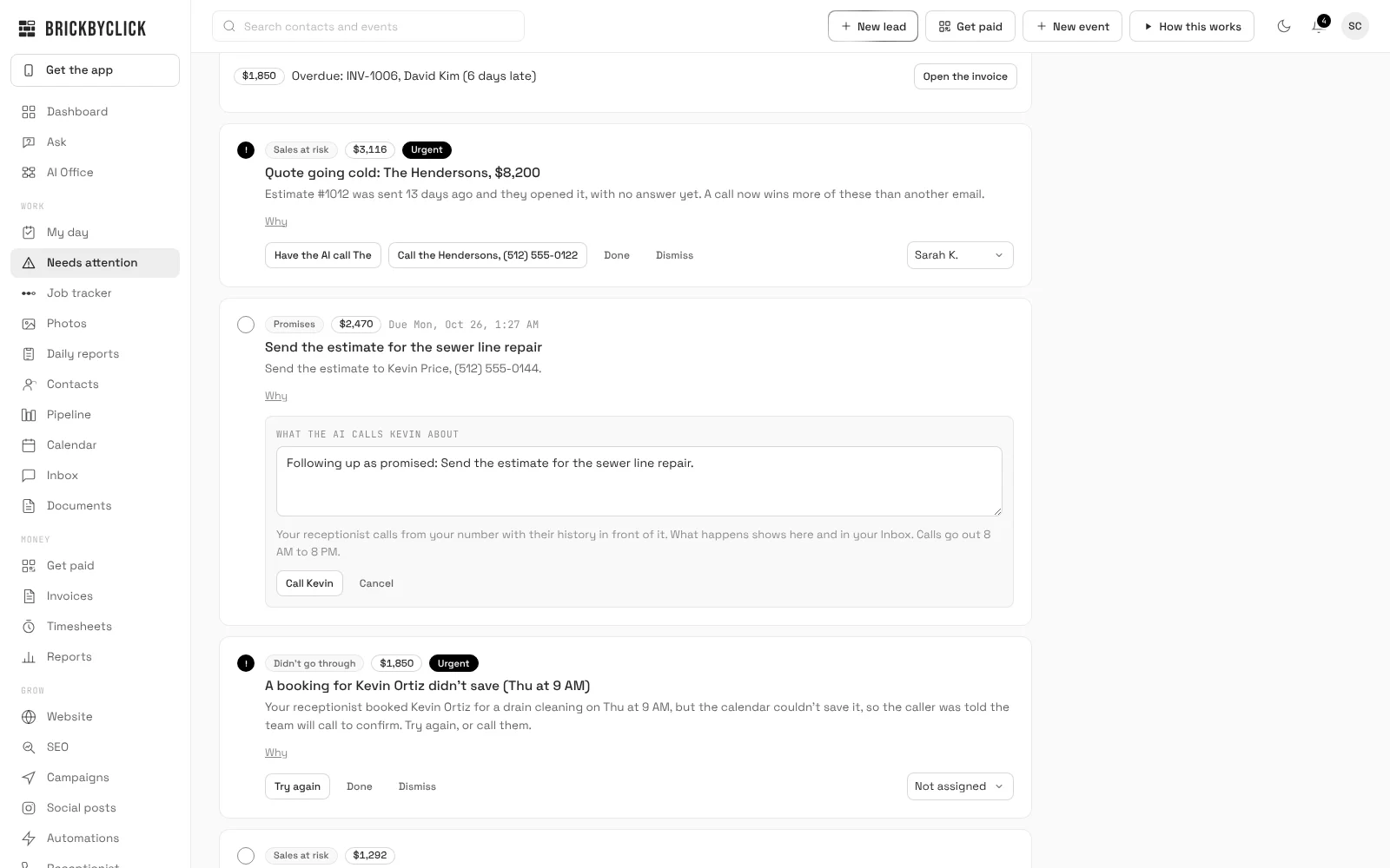 The Needs attention page with a Have the AI call box open for a promise to send an estimate, showing a text box with what the AI calls about, a note about the 8 AM to 8 PM window and Call and Cancel buttons