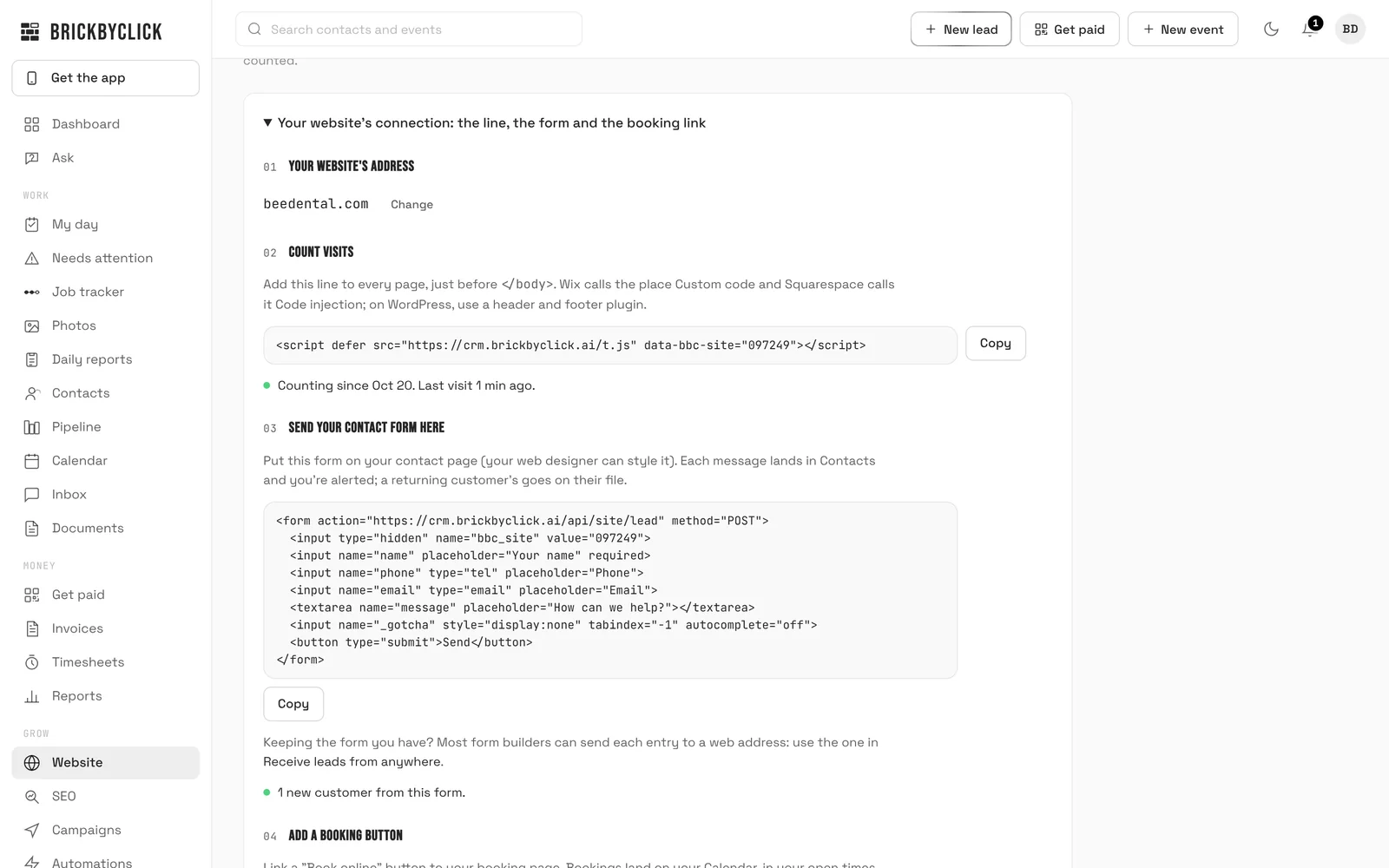 Connecting a website built somewhere else in the CRM: its address, the line that counts visits, a contact form to paste in and the booking link, each with what has come in so far