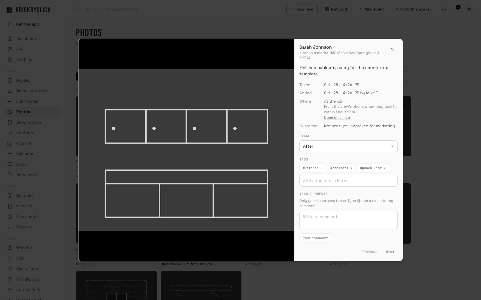 The photo viewer open on a kitchen cabinet photo with a one-line caption, when and where it was taken, a stage menu, tags and a team comments box