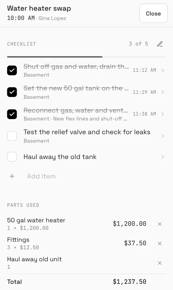 The work order on a phone: a punch list three of five done with the times each was ticked, and the parts used totalling $1,237.50