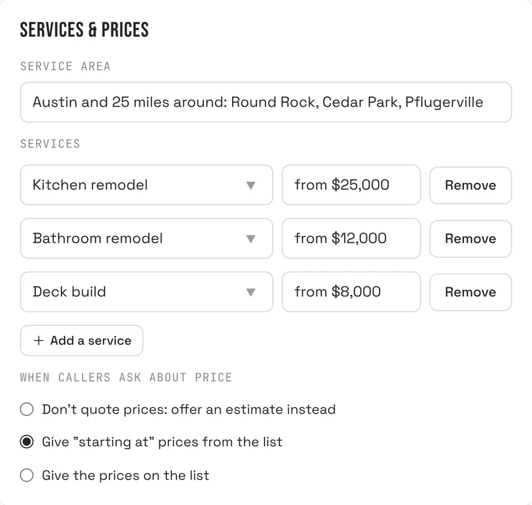 Services and prices on the Receptionist page: a service area, three services with starting prices, and the choice of how to answer price questions