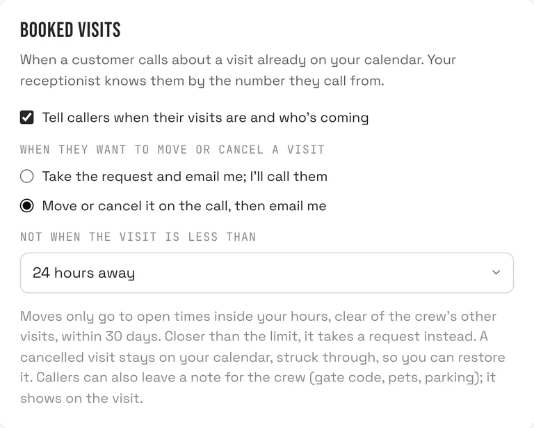 The Booked Visits settings on the Receptionist page: tell callers when their visits are and who is coming, take move or cancel requests by email or on the call, and a notice limit of 24 hours