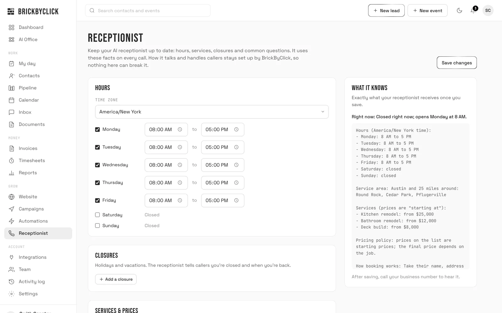 Receptionist settings: hours, closures, services and prices the AI uses on every call