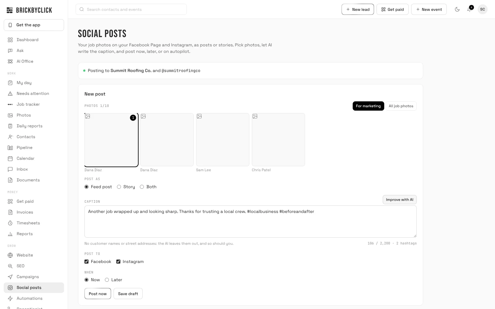 The Social posts page with a new post, one photo selected, a caption already written, Facebook and Instagram ticked, and Post now and Save draft buttons