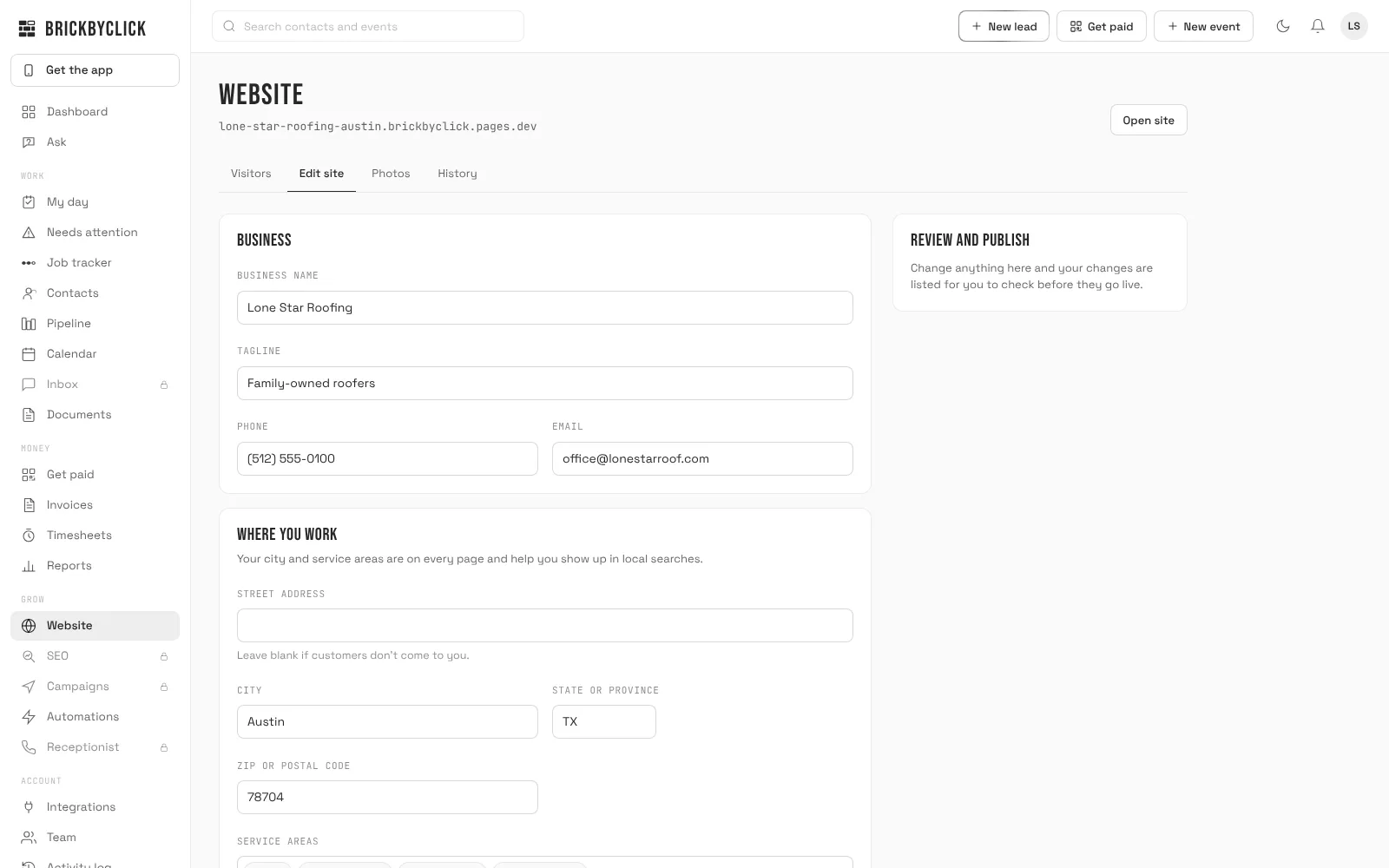 The Website page in the CRM for a sample roofing business: its brickbyclick address, and the Edit site tab with the business name, tagline, phone, email, city and ZIP code ready to change