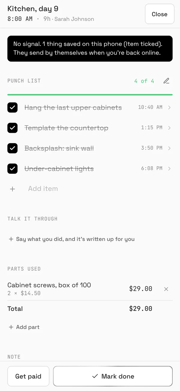 The work order on a phone with no signal: a bar says 1 thing is saved on this phone and will send when back online, above a punch list with every item ticked